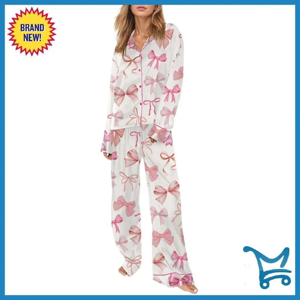 Silk Satin Pajama Set Long Sleeve Button Shirt Lounge Pants